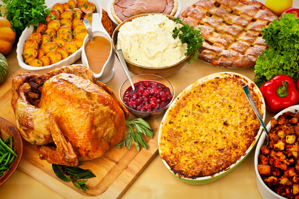 An overhead high angle photo of the Thanksgiving dinner